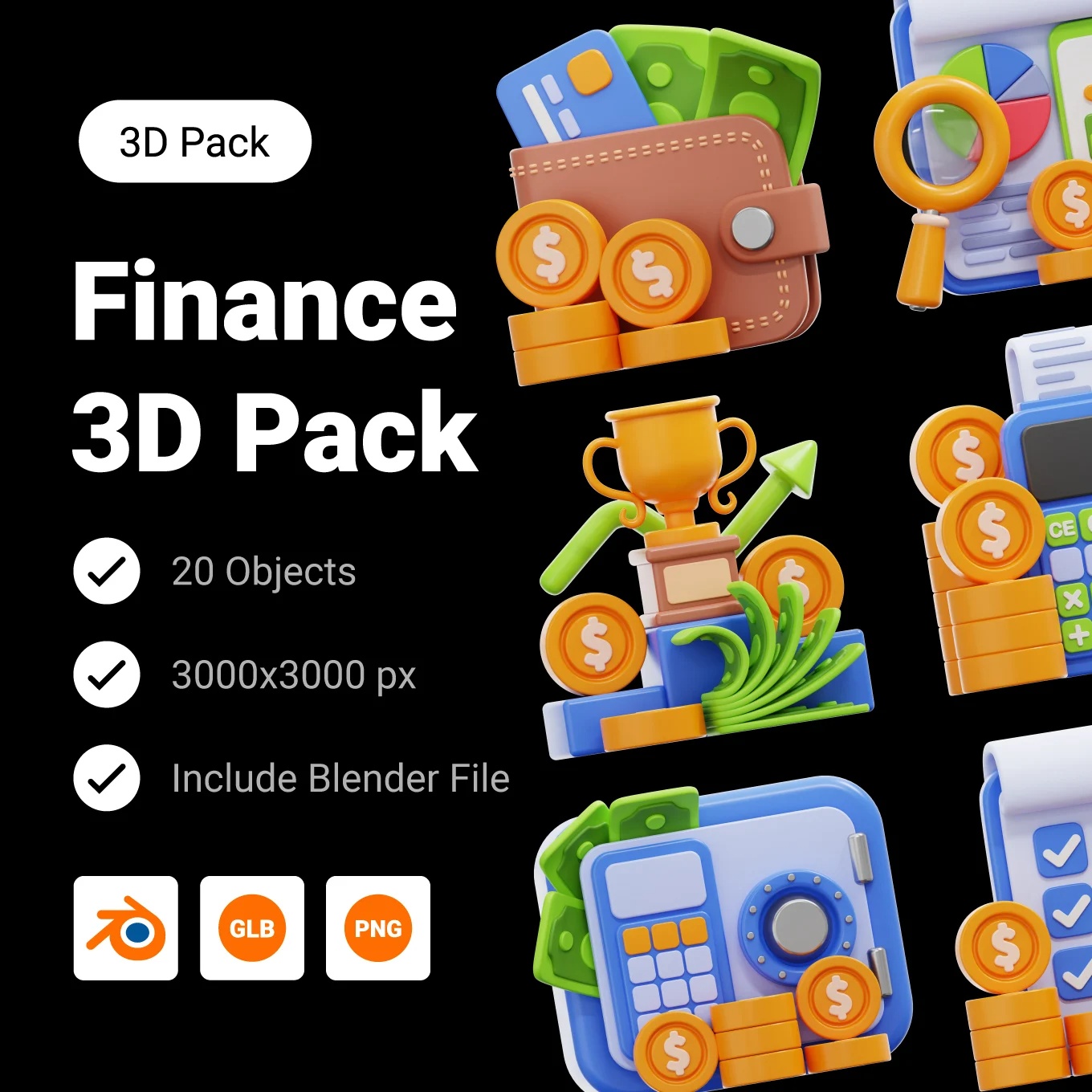 Набор 200 3D-иконок для UI: бизнес, финансы, технологии (PNG + Blender)